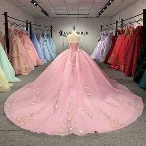 Robe de soirée Jancember 8513, magnifique robe de bal rose sans bretelles avec fleurs appliquées - Product Image 4
