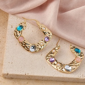 Orecchini a Cerchio con Cristalli Colorati, Orecchini Geometrici Rotondi Vintage da Donna per Uso Quotidiano - Product Image 4