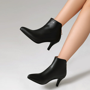 Botines de tacón bajo con cremallera trasera, punta redonda, cuello festoneado, color champán metálico, de PU, para fiestas navideñas, zapatos de mujer. - Product Image 3