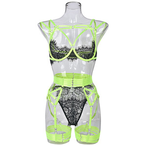 Women's Sexy Satin Lingerie Set Lace Embroidery Push-Up Bra With Halter and Panty Rhinestone Decoration - Product Image 4