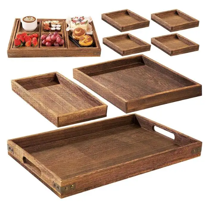 Vassoi in legno rustico con manico-Set di 7 piatti rettangolari per intrattenere, colazione, tavolino, decorazioni per la casa