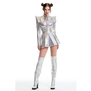 Conjunto de Top Corto Metálico y Falda Plateada de Manga Larga para Mujer, para Fiesta de Halloween, Ropa de Escenario para Festivales K-Pop - Product Image 3