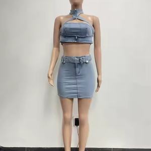 Nouvel ensemble en jean pour femme de haute qualité, crop top sexy et mini-jupe trapèze en denim délavé à l'acide, ensemble deux pièces - Product Image 5