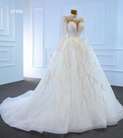 Luxe Ivoire Robe De Bal Robe De Mariée pour Les Femmes Perle Paillettes Dentelle Fleur Décor Manches Longues En Gros Mousseline Robe De Mariée
