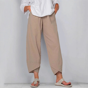 Pantalon droit ample pour femme, longueur cheville, décontracté, en coton et lin, taille élastique, coupe courte - Product Image 1
