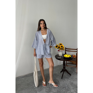 Conjunto de 2 Piezas de Túnica y Pantalones Cortos a Rayas Azul Marino, Corte Ajustado por Encima de la Rodilla, Ropa de Verano, Talla XL - Product Image 1