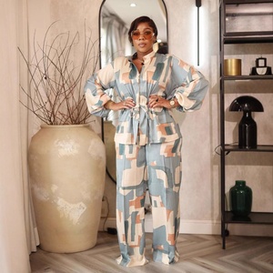 Mùa Xuân Thanh Lịch Mùa Thu In Ấn Hai Mảnh Trang Phục Phụ Nữ Quần Áo Dài Tay Áo Dây Kéo Dây Kéo Eo Hàng Đầu Và Chân Rộng Quần Phù Hợp Với - Product Image 2