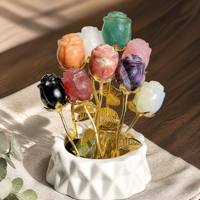 Rose en cristal naturel en gros avec tige métallique, figurine de rose en pierre précieuse polie, rose en améthyste, quartz rose, fleur éternelle, cadeau