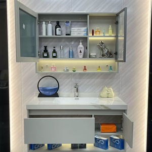 Meuble-lavabo à haute brillance avec évier simple et éclairage LED, étagères ouvertes à surface facile à nettoyer pour dortoir étudiant, <span class=keywords><strong>chambre</strong></span> d'hôtel - Product Image 5