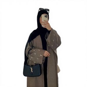 Abaya Yibaoli respirante à manches longues, 5 couleurs, style lin en polyester, ouverture devant, avec broderie en forme de lune, nouveauté 2025 - Product Image 4