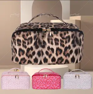 Neceser de maquillaje con estampado de leopardo Vintage personalizado al por mayor, neceser de almacenamiento de gran capacidad, 2024