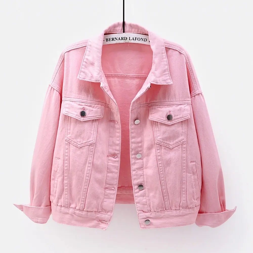Ladies Multi Color Spring Autumn patch pockets tops solid washed pink denim jacket for women