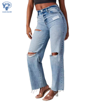 YUANBOFEI Jeans personnalisés de haute qualité, coupe droite, délavage vintage, patchwork déchiré, ourlet brut, pour usage quotidien