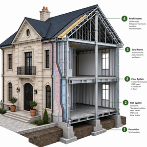 <span class=keywords><strong>Casa</strong></span> Prefabricada de Acero Ligero de Montaje Rápido y Personalizable, Estilo Moderno de Mansión <span class=keywords><strong>Tudor</strong></span>, para Vivienda en Propiedades Rurales Privadas - Product Image 3