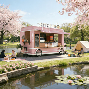 Chariot alimentaire mobile multifonctionnel avec cuisine personnalisable pour la vente de crêpes, gaufres, pizzas, hot-dogs et café glacé - Product Image 1