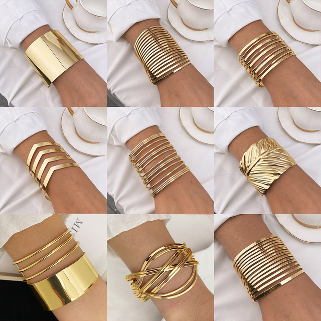Gold-Plated Cuff Bangle Bracelet for Women - Gold Nature Inspired Chunky Cuff Bangle Stacking Bracelet, Minimalist Jewelry