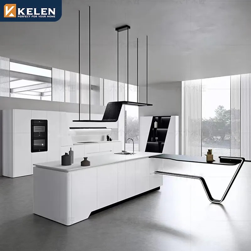 Kelen2024キャビネットキッチンアイデアアイランド高光沢モダンモジュラーサプライヤーデザイン高級木製家具白いキッチンキャビネット
