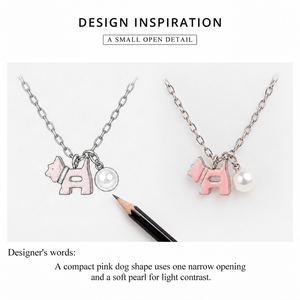Pink Dog <b>Charm</b> <b>Necklace</b> Stainless Steel Silver Color Pendant with Narrow Cutout and 0.8 cm White Faux Pearl Accent - Product Image 4