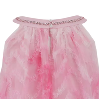 Robe de princesse rose en tulle pour enfants, avec plumes, col large, bordure de perles, sans manches, coupe trapèze, pour fête et mariage