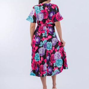 Vendita calda abito da donna con stampa leopardata floreale con scollo a V plissettato con cintura in vita manica corta abito elegante per abbigliamento Casual da festa - Product Image 3