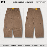 Pantalon de charpentier personnalisé à double genouillère, effet délavé soleil, en toile épaisse 14oz, coupe ample, avec rivets et patchs gingham, pour fabricants OEM de marques