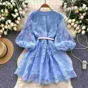 Vestido Midi Casual de Primavera con Cuello en V, Manga Farol y Bordado de Encaje para Mujer - Product Image 3