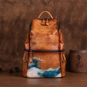 Ando Bag Genuine <b>Leather</b> <b>Backpack</b> Women Vintage Ocean Wave Embossed Large Casual Travel Bag - Product Image 1