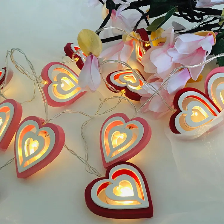 2AA Battery Operated Wooden Double Layer Red Heart String Led Light Fairy Valentine's Day Decoration