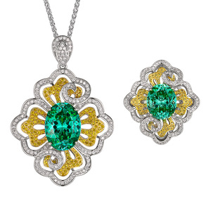 طقم مجوهرات نحاسي مطلي بالبلاتين والذهب بتصميم قصر عتيق بلون أخضر بارايبا مع قلادة وخاتم - Product Image 2