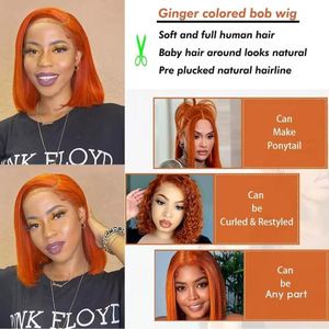 Peluca Bob Naranja de Cabello Humano con Encaje Frontal 13x4 para Mujer, Liso Sedoso, Color Jengibre - Product Image 6