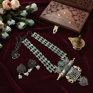 Elegant 2 Tone Plated Pota Stone <b>Long</b> Necklace Set for Women Traditional Ethnic Jewelry for Wedding & Festive Wear - Product Image 3