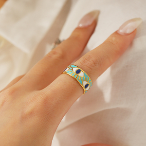 H&C Exquisiter 18K PVD-Vergoldeter Wasserdichter Edelstahl Blaue Teufelsaugen Offener Ring Unisex Allerheiligen-Geschenk - Product Image 3