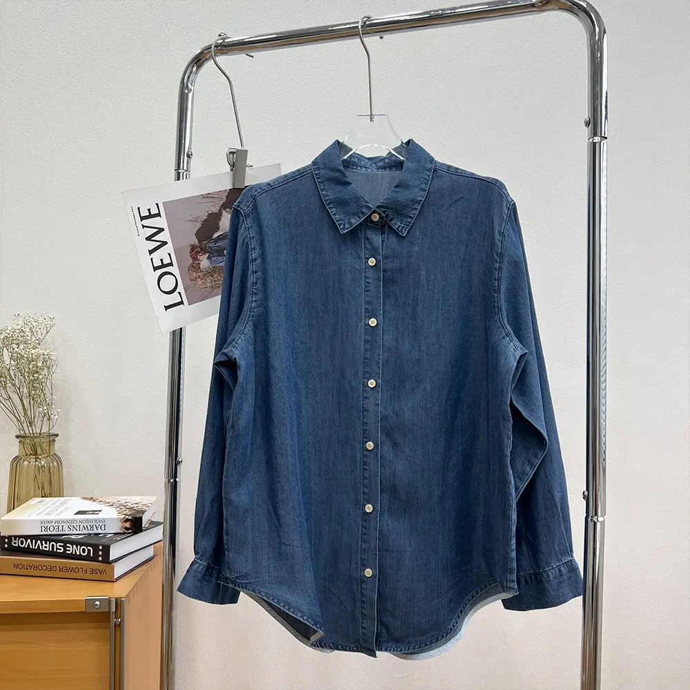 2022 New Vintage Washed Blue Denim Long Sleeve Women Blouses and shirts