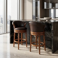 Chaise haute de style américain traditionnel en bois massif avec dossier rembourré en cuir et base chromée pour bar à domicile, salle à manger, îlot de cuisine