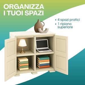Armoire basse en plastique effet bois beige 79x43x85,5 cm 2 portes 4 compartiments Rangement de garage - Product Image 4