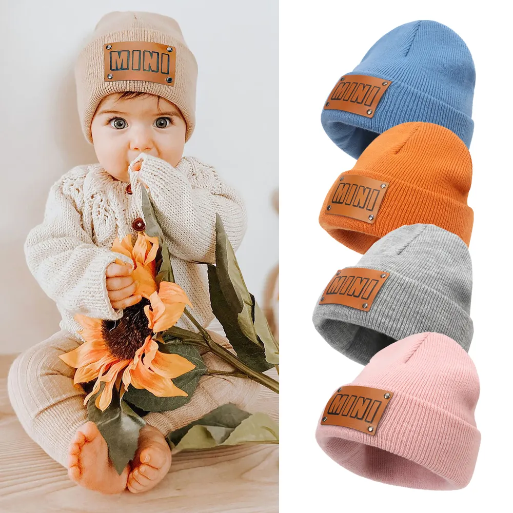 Fashion Baby Hat Winter Leather Label Knitted Baby Beanie Toddler Cap for Girls Boys Infant Accessories Children Hats 8 Colors