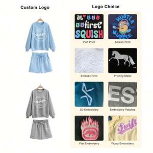 Pantalones cortos holgados de alta calidad bordado deportivo liso francés Terry polar azul cuello redondo sudadera de gran tamaño conjunto de mujer - Product Image 2