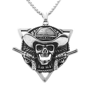 yunnique <b>Men's</b> Stainless Steel Skull Pendant Necklace With Cowboy Hat And Guns Retro Geometric Design 190141 - Product Image 4