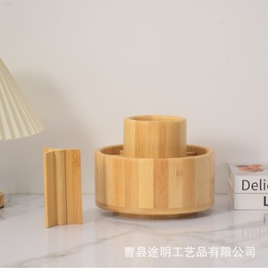 Bamboo <b>Rotating</b> Pen Holder Round 360 Degree <b>Desk</b> Organizer Natural Wood Color Multi Compartment Storage Box - Product Image 3