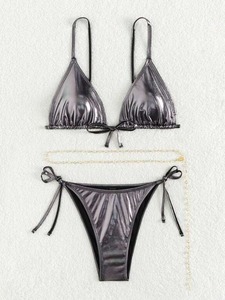 Nouveau Maillot de Bain Bikini Uni Sexy pour Femme 2026, Style Européen et Américain, Gris Argenté Brillant, Deux Pièces - Product Image 3