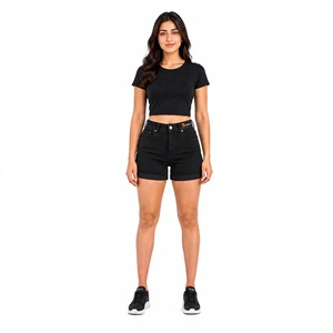 Shorts de Mezclilla Rasgados para Mujer, Fabricante, Venta al Por Mayor, Shorts de Cintura Alta, Casuales, de Verano, a la Moda, de Algodón Elástico - Product Image 1