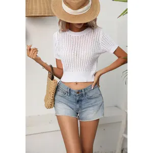 Mode Cropped Sweater Top Witte Outfit Custom Gebreide Trui Shirt Vest Uitgehold Tops Effen Kleur Korte Mouw Crop Voor Dames Custom Logo