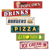 Panneau en métal rétro sur le thème de la rue alimentaire, décor mural rétro pour popcorn, burgers, pizza, pour la décoration de restaurant, cuisine, bar