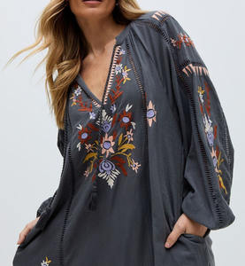 ชุดแม็กซี่เดรสคอวีแขนยาวสำหรับผู้หญิงชุดเดรส100% สไตล์กิโมโนผ้าคอตตอนปักลายดอกไม้ทรงหลวมลายดอกไม้สำหรับฤดูร้อนตามสั่ง - Product Image 3