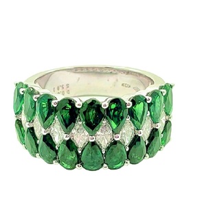 Chine Usine Conception De Haute Qualité 18k Solide Blanc VS SI Réel Brillant Coupe Vert Tsavorite Classique Mariage Large Bande Anneau Femmes - Product Image 1