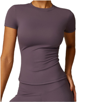 T-shirt respirant en maille à col rond SK1219, polyester léger et extensible, manches courtes, uni, pour yoga, course à pied, décontracté, coupe ajustée