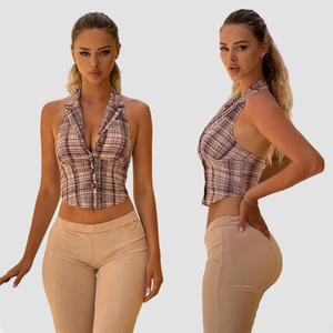 Chaleco Corto sin Mangas con Cuello en V, Estilo Minimalista Europeo-Americano, con Bloques de Color, Botones Frontales y Ajuste en la Cintura, para Oficina, Estilo Moderno - Product Image 1