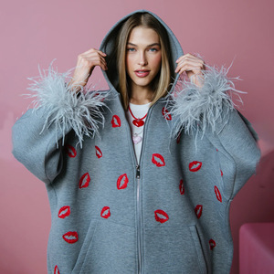 Wholesale 2026 Fashionable Women's 100% Cotton Embroidery Zipper Closure <b>Hoodie</b> With <b>Fur</b> Sleeve Hem - Product Image 2