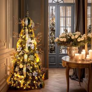 Árbol <span class=keywords><strong>de</strong></span> <span class=keywords><strong>Navidad</strong></span> <span class=keywords><strong>de</strong></span> PVC Pre-ensamblado <span class=keywords><strong>de</strong></span> 6 Pies con Luces, Decorado con Adornos Dorados, <span class=keywords><strong>Cintas</strong></span> y 150 Luces LED Blanco Cálido - Product Image 4