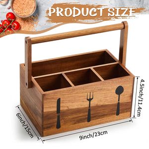Wooden Silverware <b>Caddy</b> With Folding Handle Square Shape Standing Type For <b>Kitchen</b> Storage - Product Image 4